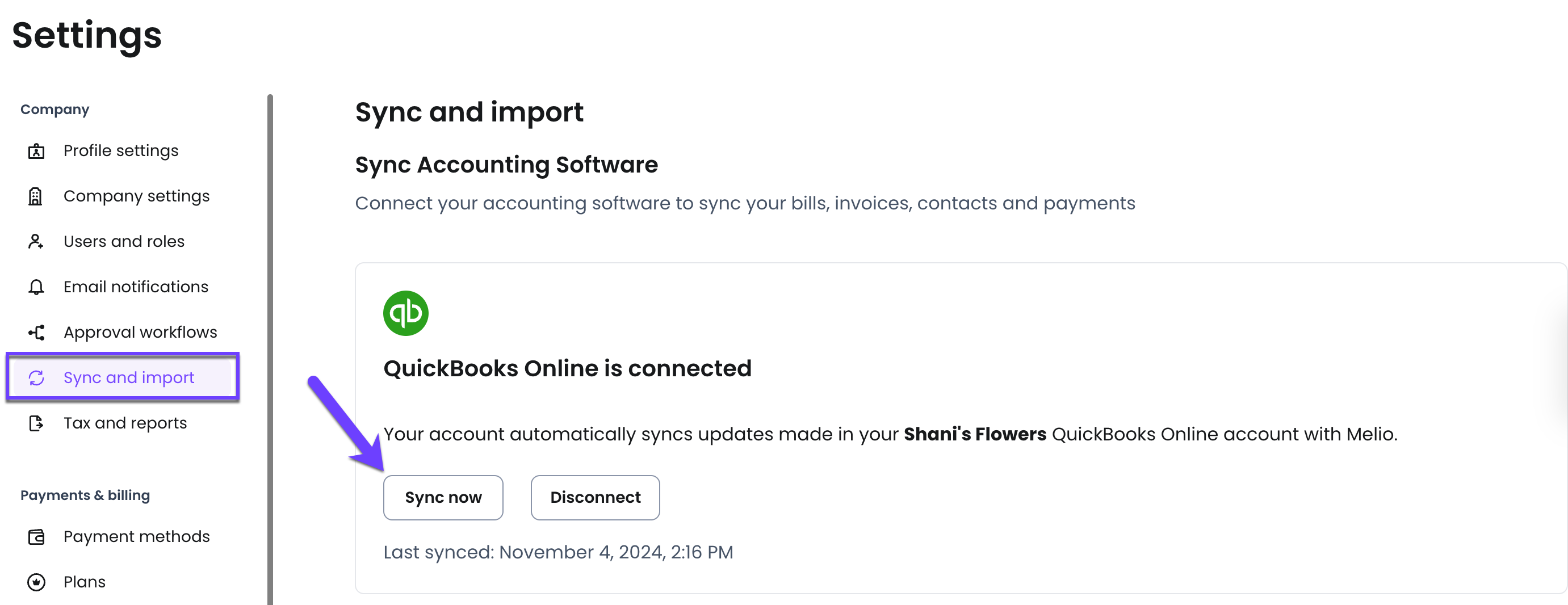 In QuickBooks Online is connected, click Sync now.png
