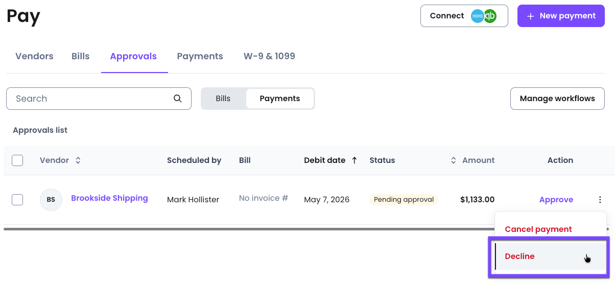 Payment approval workflows control which payments require authorization before money leaves your account — this is separate from bill approval, which validates the bill itself before it becomes payable.