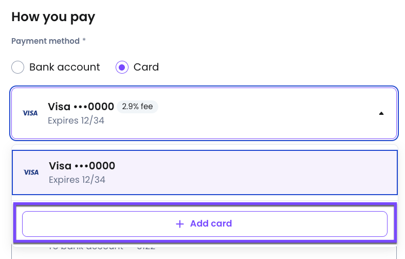 Selecting card as the payment method