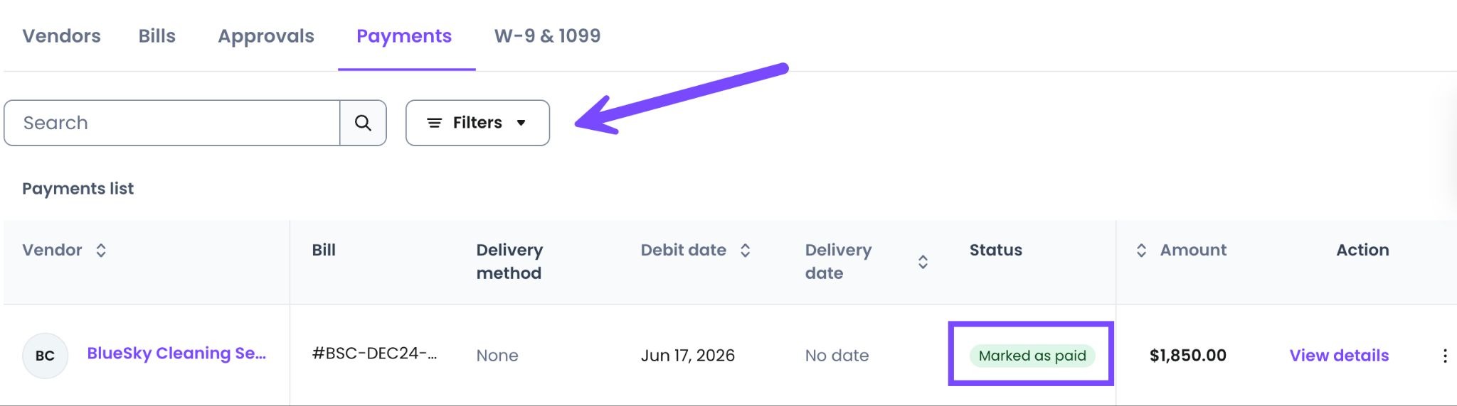Filters used to only view Marked as paid payments in the Payments tab.