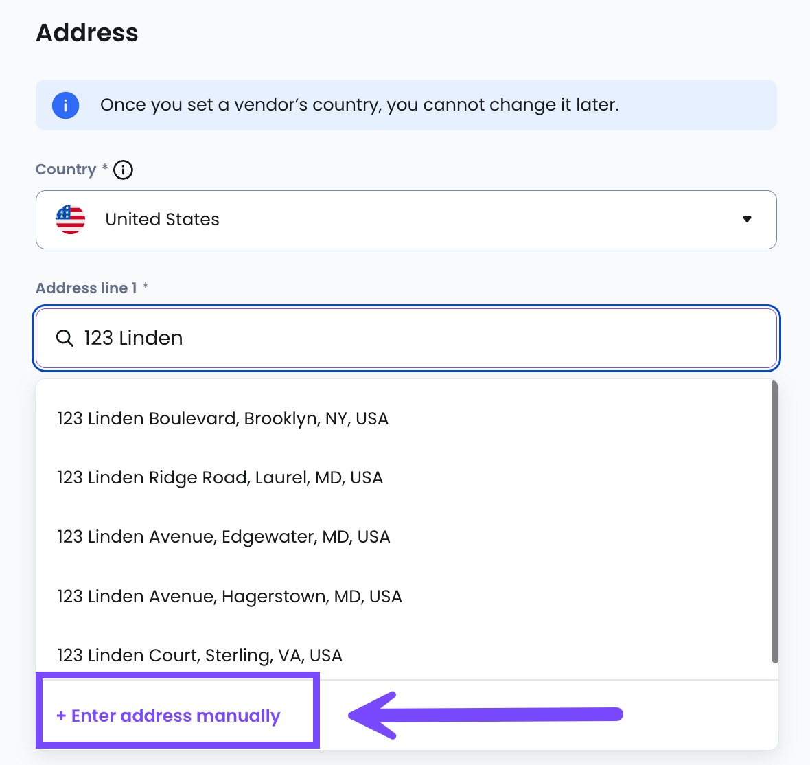 Begin typing the vendor's full address in Address line 1. A list of suggested options will populate. 