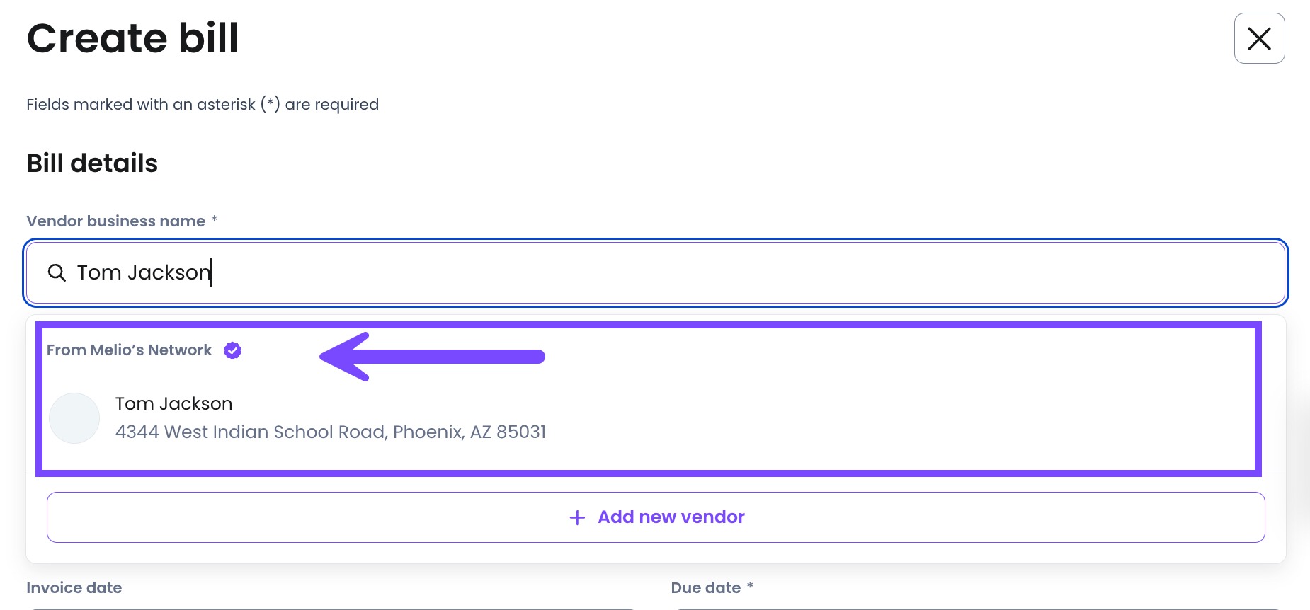 Searching for a vendor by their business name to see if they are in Melio's Network. 