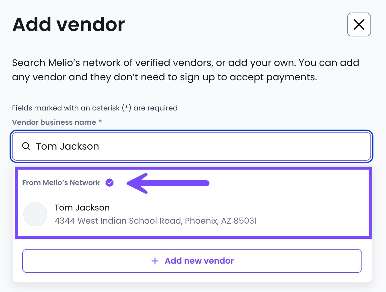 Searching for a vendor by their business name to see if they are in Melio's Network. 