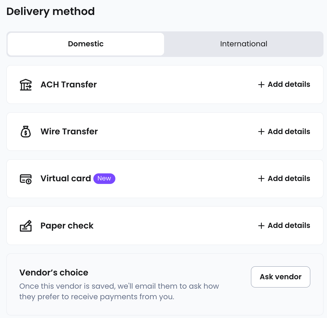 A list of domestic delivery methods you can add for your vendor when entering their details.