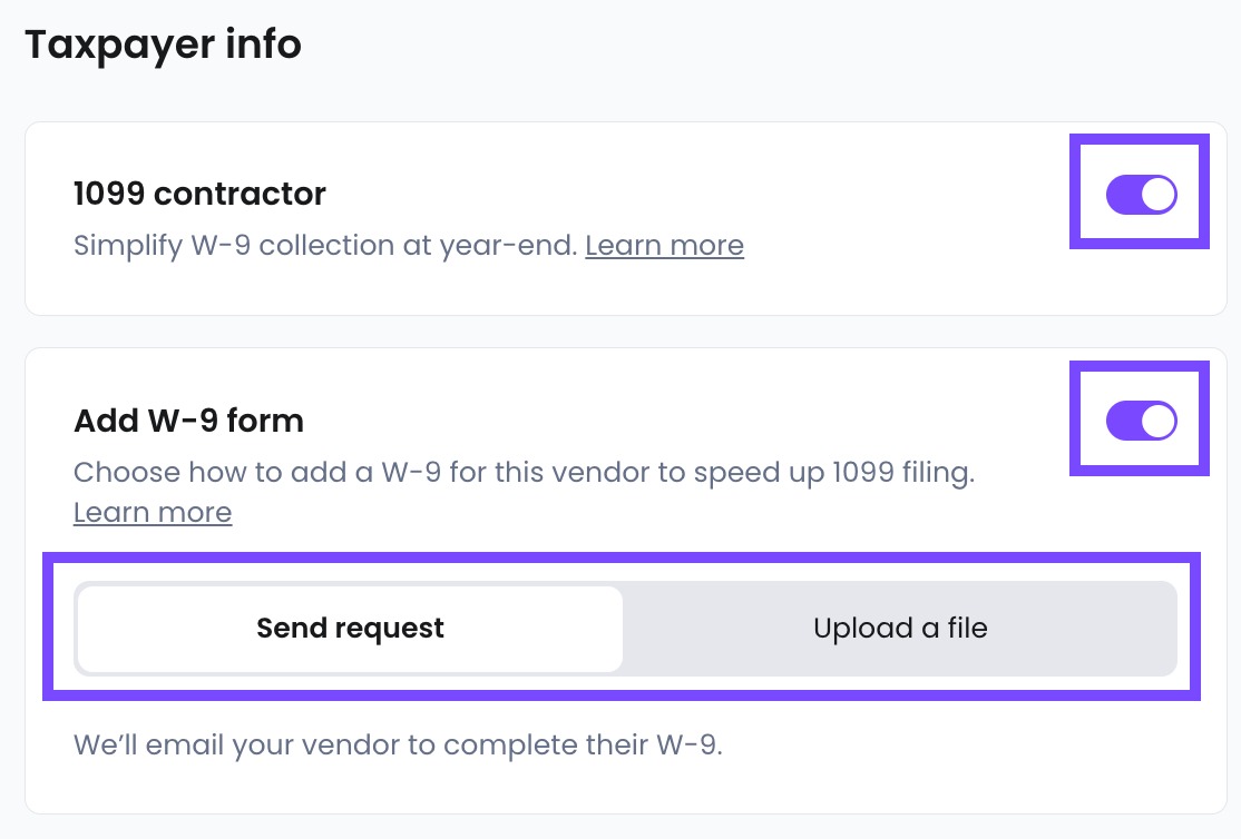 The options for marking a vendor as a 1099 contractor and managing their W-9 form.