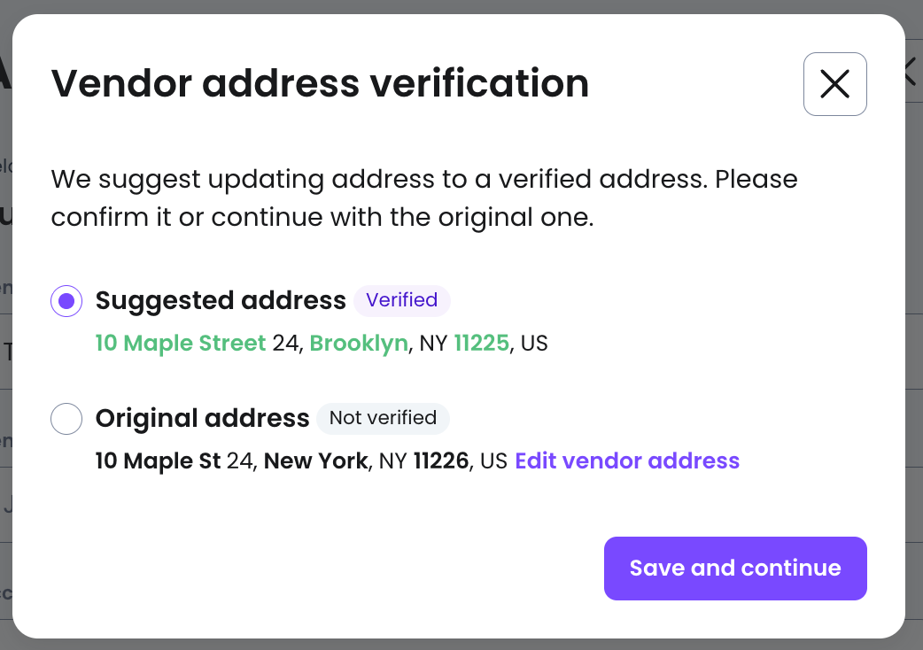 A popup window to update your vendor's address to a verified suggestion in Melio's system.