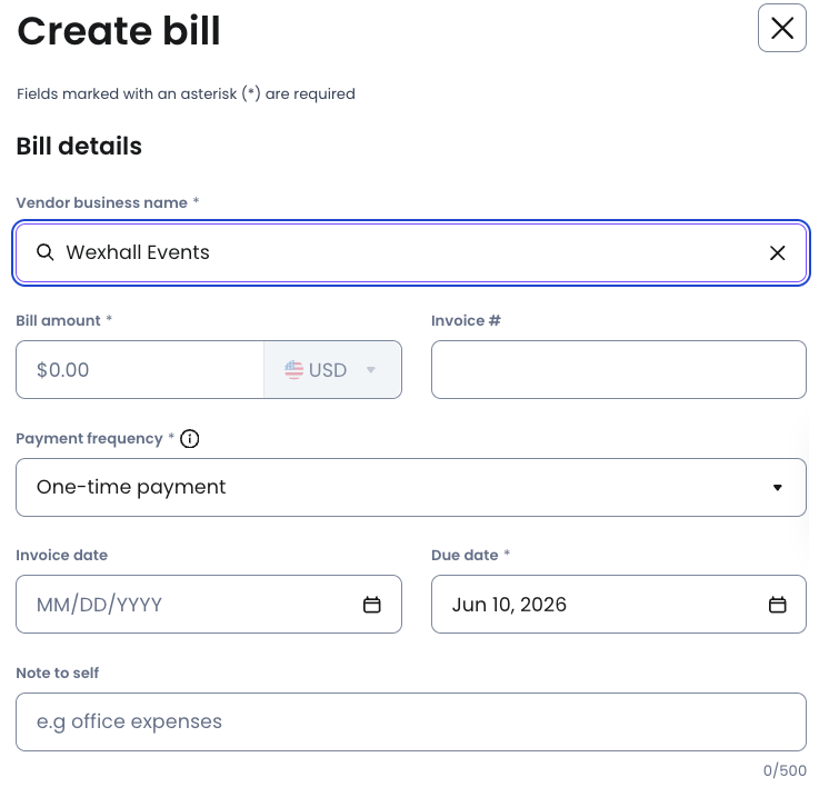 In order to make a payment, first fill in the required fields on the Create bill page.