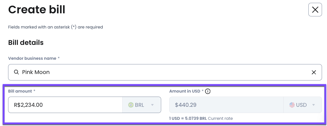 When paying in a foreign currency, the amount in the selected currency will be displayed alongside the equivalent amount in USD with the estimated conversion rate.