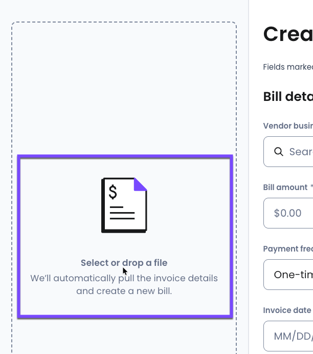 Select or drop a file of the invoice to go along with your bill and payment.