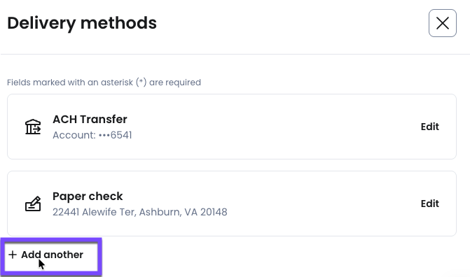 Select add another if you don't have your vendor's delivery details or are unsure how they would like to receive payment.