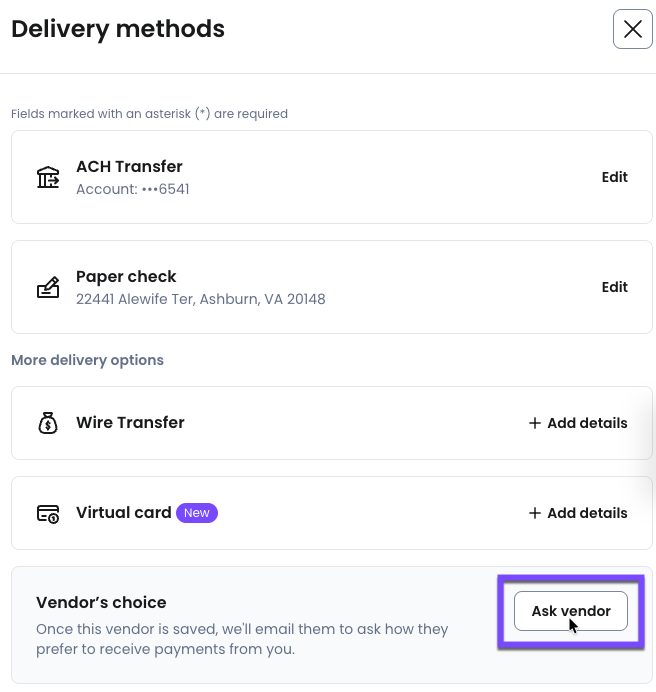 Selecting Ask vendor will send your vendor a delivery details request.