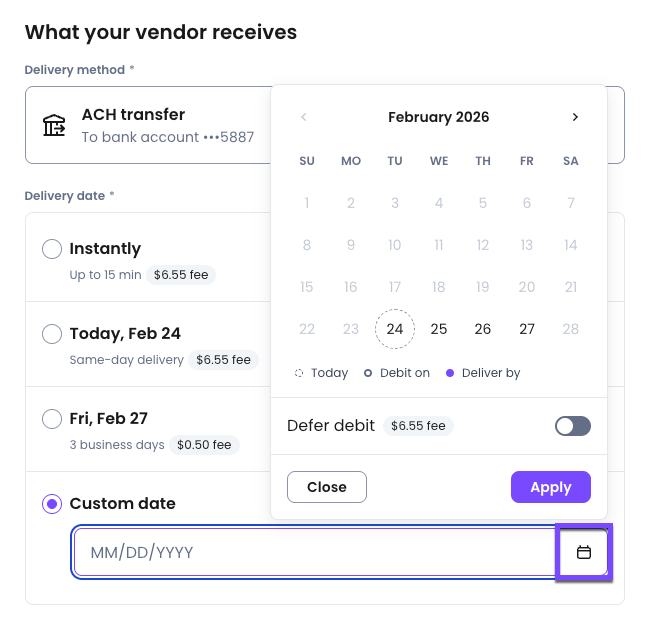 When choosing a Custom date for your payment, you will see the date the funds will be debited and the date of delivery.
