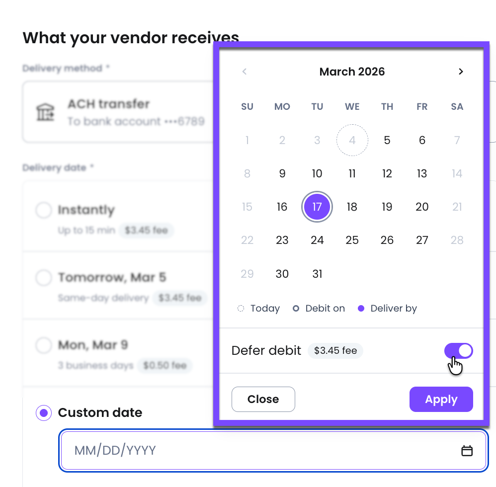 The defer debit toggle, if available, will be displayed under the Custom date calendar.