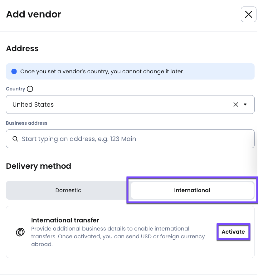 If you have not already set up international payments, select Activate to begin the process.