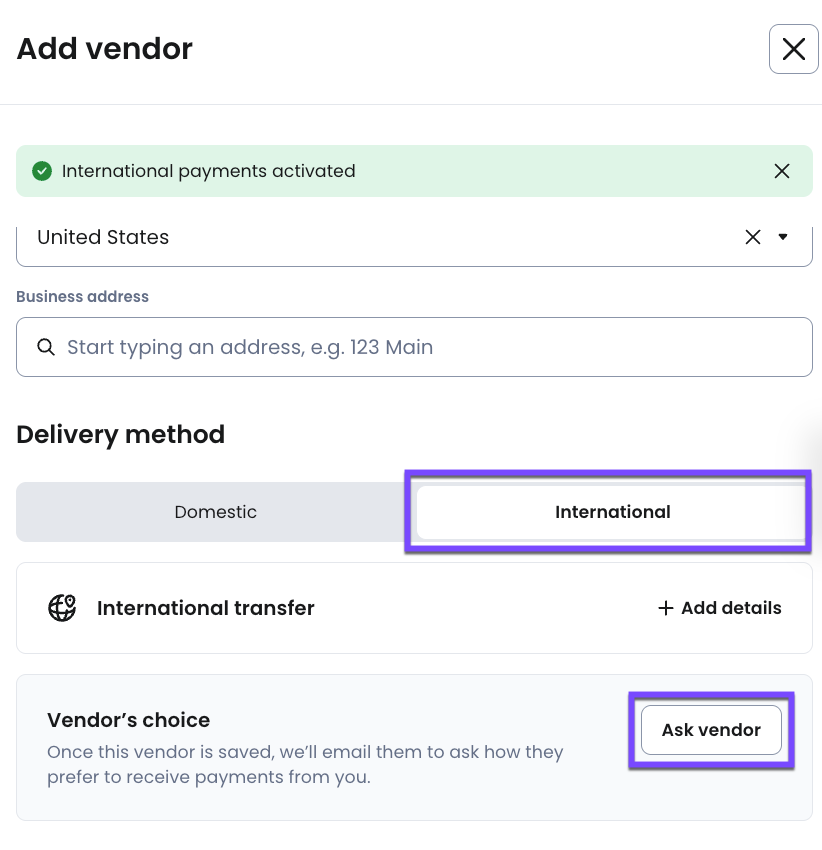 Select Ask vendor to have your vendor fill out their own delivery details.