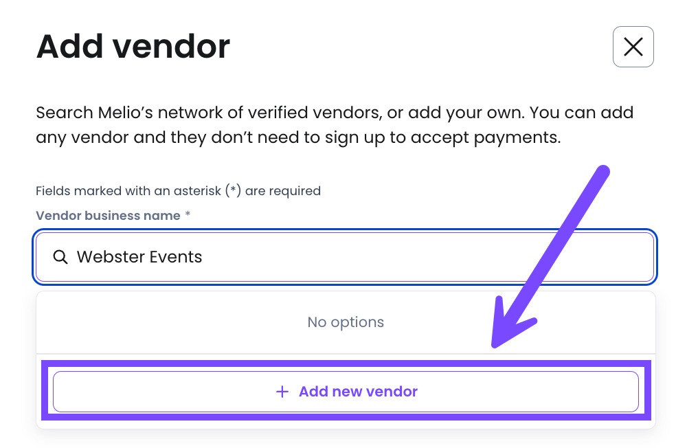 Enter the Vendor business name, and select + Add new vendor to create the vendor manually.