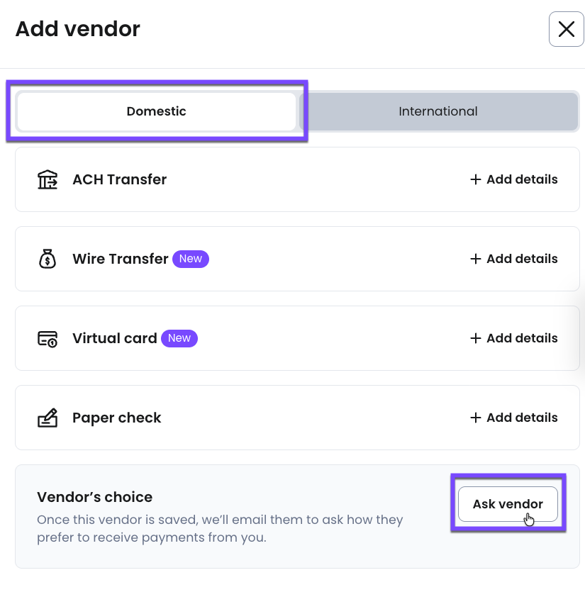Select Ask vendor to have your vendor fill out their own delivery details.