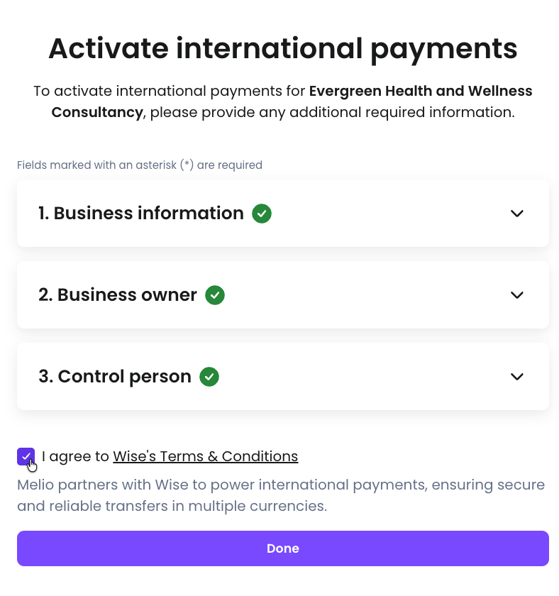 After agreeing to the terms and conditions for international payments, select Done.