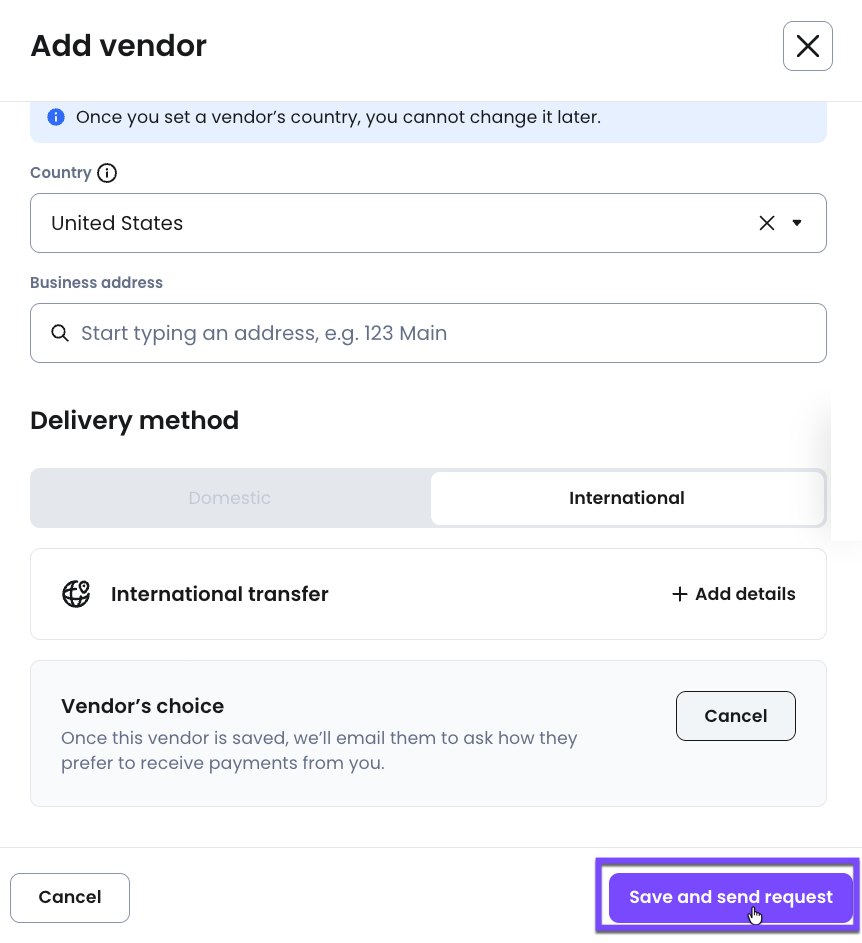 Selecting Save and send request will email the vendor a link to enter their delivery details.