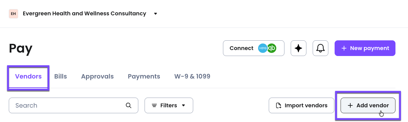 Select + Add vendor on the Vendors tab to begin requesting delivery details from a new vendor.