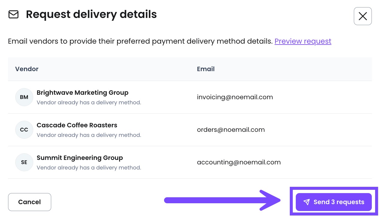 Select Send X requests after reviewing the information is correct for each vendor.