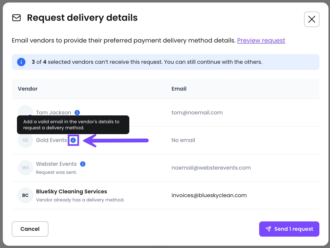 If you can't send a certain vendor a delivery details request in bulk, hovering over the blue circle will give you more information.