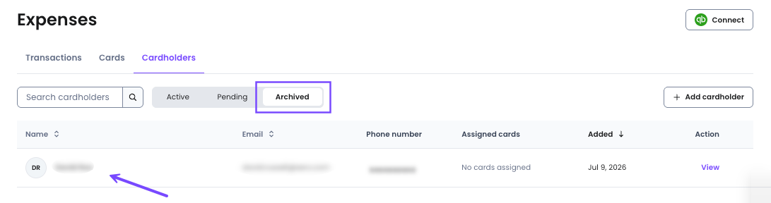 Archived cardholders tab