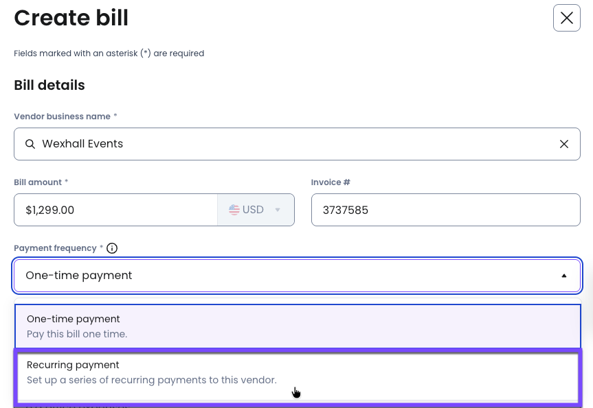 The payment frequency field is where you can select to make your payment recurring.