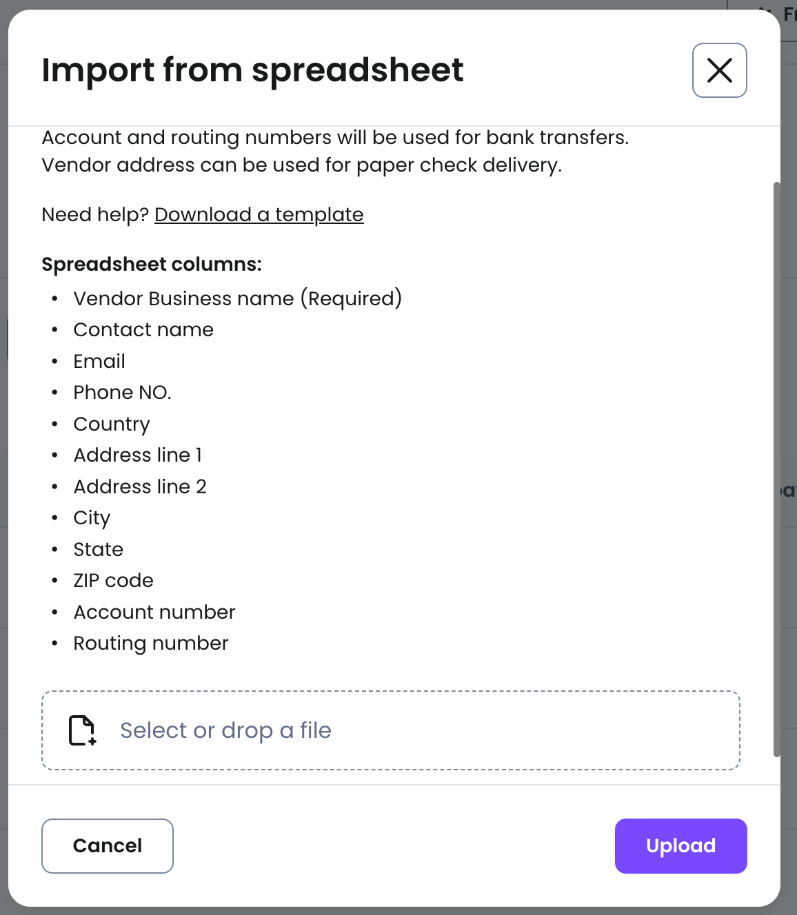 To import multiple vendors at once, upload a CSV or Excel file.