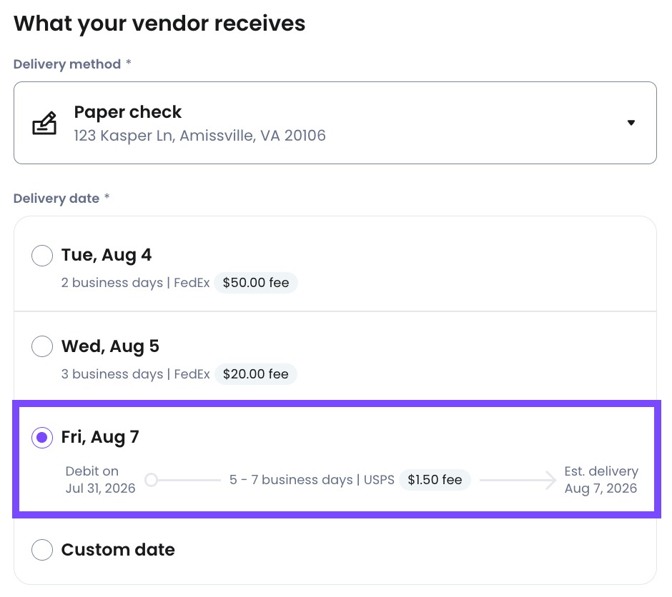 Debit date and delivery date being displayed when scheduling a check payment.