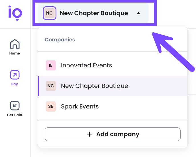 Select your company name in the top-left corner to see a dropdown list of all your companies.