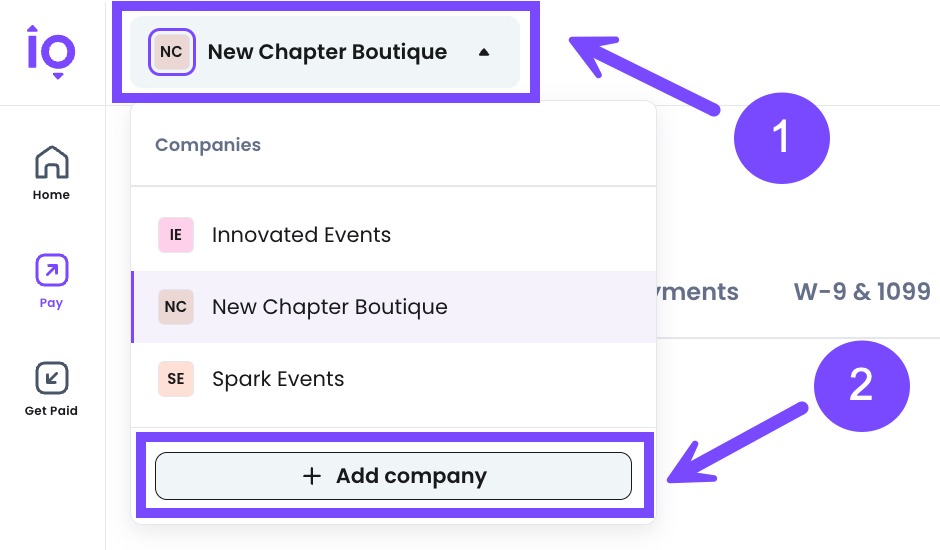 Select your company name in the top-left corner to see the option to add a new company under your email address.