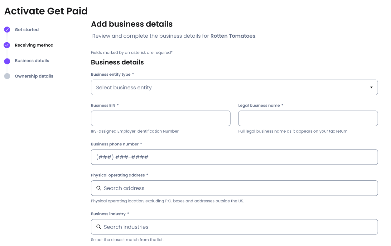 Entering business details for Get paid