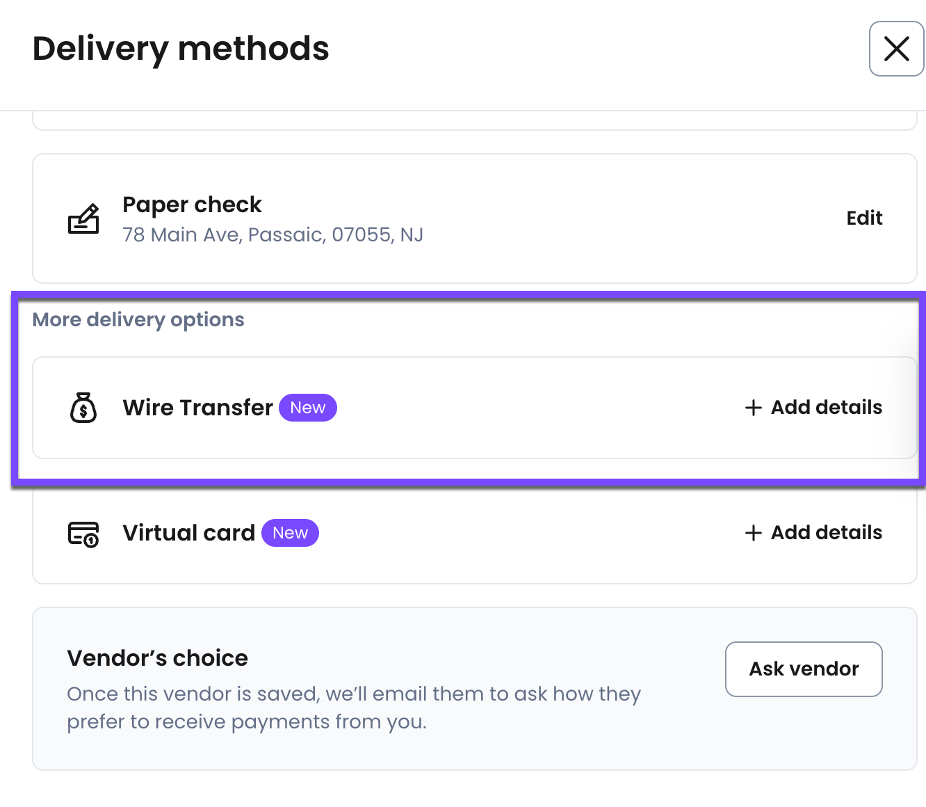Select + Add details next to Wire Transfer to pay your vendor this way. 