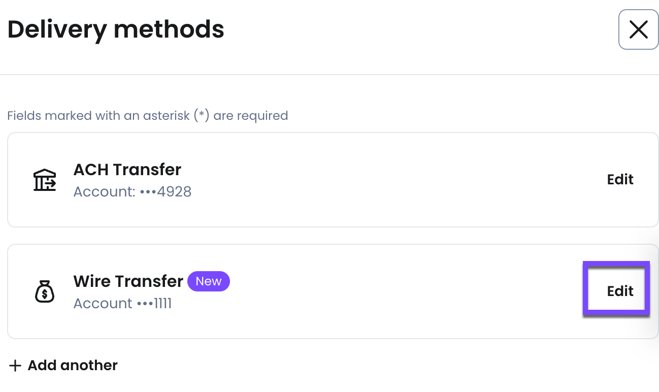 Select Edit next to current Wire Transfer details on file to update the information.
