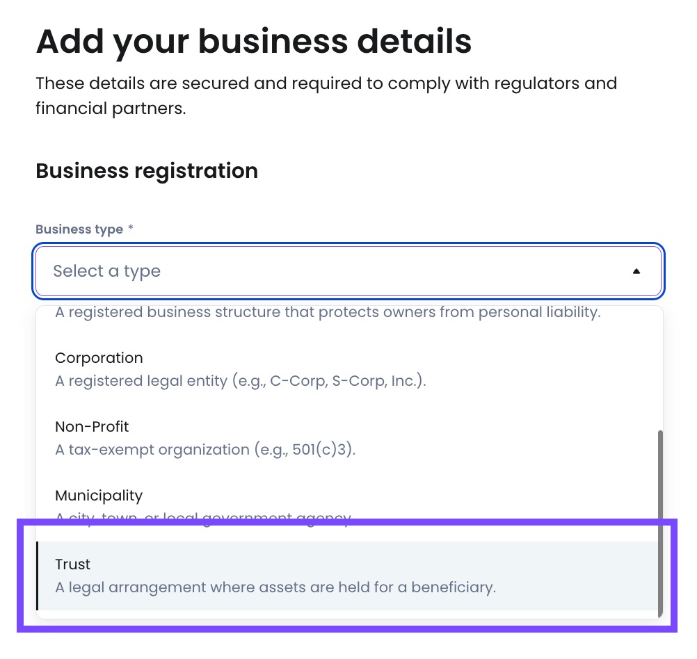 Select Trust as your business type when setting up your Melio account.