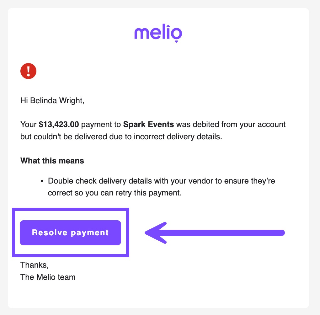 Select Resolve payment in the failed delivery email for your Payroll by Card transaction.