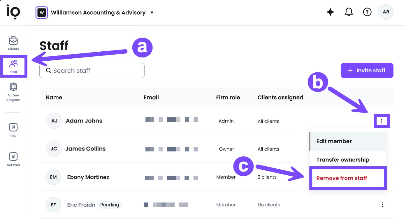 Select Remove from staff to remove a staff member from your firm's Melio account.