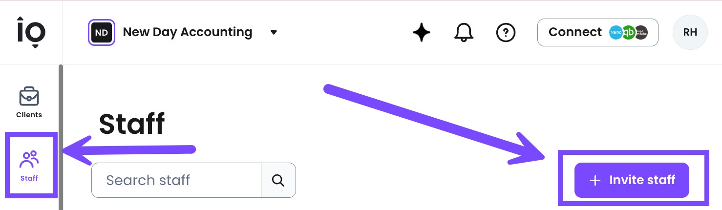Navigate to the Staff page to select + Invite staff.