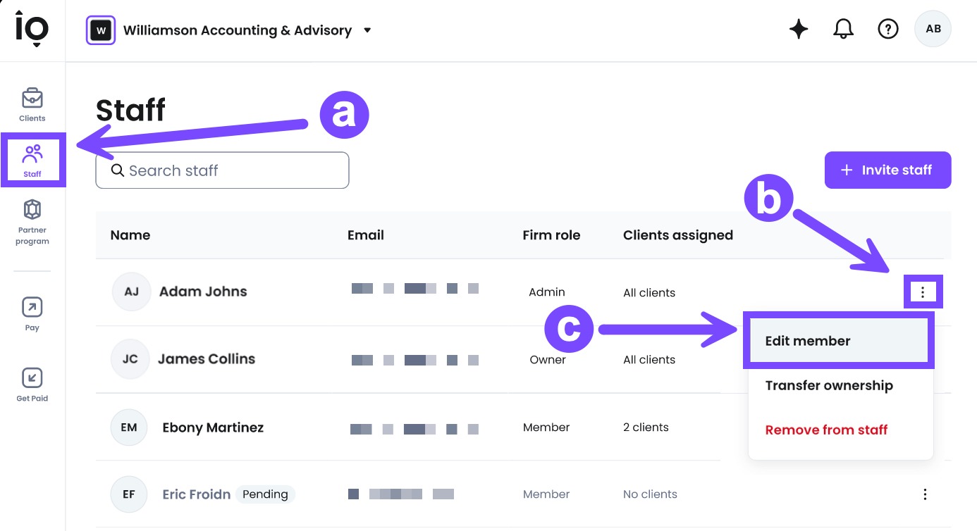 Select Edit member to begin assigning clients to your existing staff member.