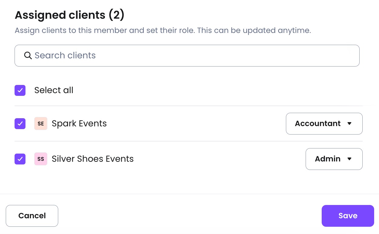 Select the checkbox for each client you want to assign to your staff member.