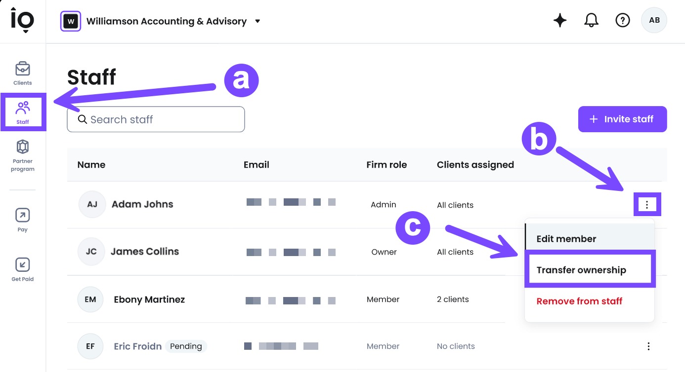Select Transfer ownership to begin the process of assigning a new Owner to the firm.