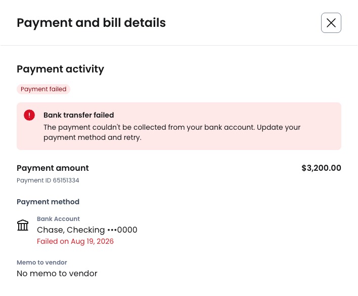 Review why the collection failed on the Payment and bill details page.
