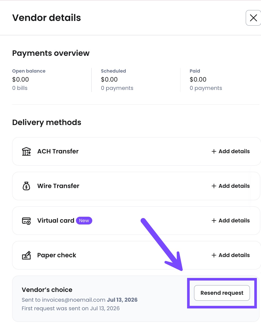 Select Resend request to have a new link emailed to your vendor.