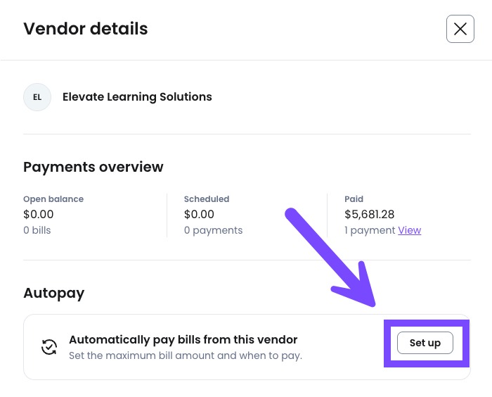 Select Set up in the vendor's profile to begin creating an Autopay rule.