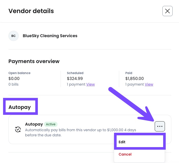 Select Edit to change the details of your vendor's Autopay rule.